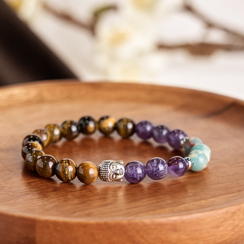 Wear FengShui Natural Black Onyx White Stone Green Aventurine Tiger Eye Agate Mixed Color Buddha Head Protection Bracelet