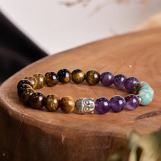 Wear FengShui Natural Black Onyx White Stone Green Aventurine Tiger Eye Agate Mixed Color Buddha Head Protection Bracelet