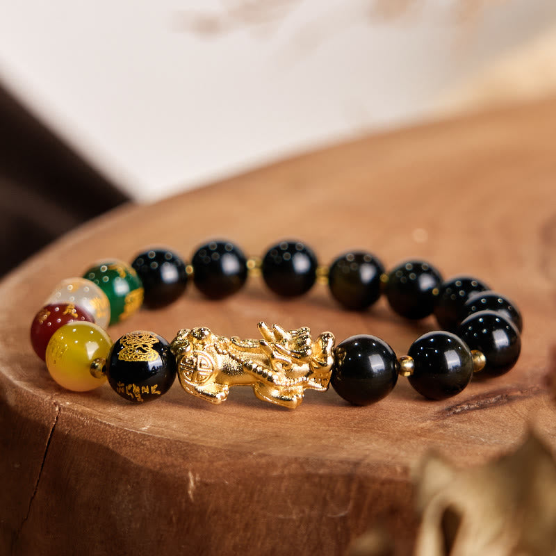 Wear FengShui Natural Gold Sheen Obsidian PiXiu Five Directions Gods of Wealth Protection Bracelet