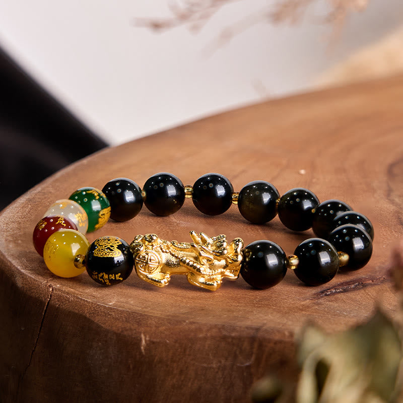 Wear FengShui Natural Gold Sheen Obsidian PiXiu Five Directions Gods of Wealth Protection Bracelet