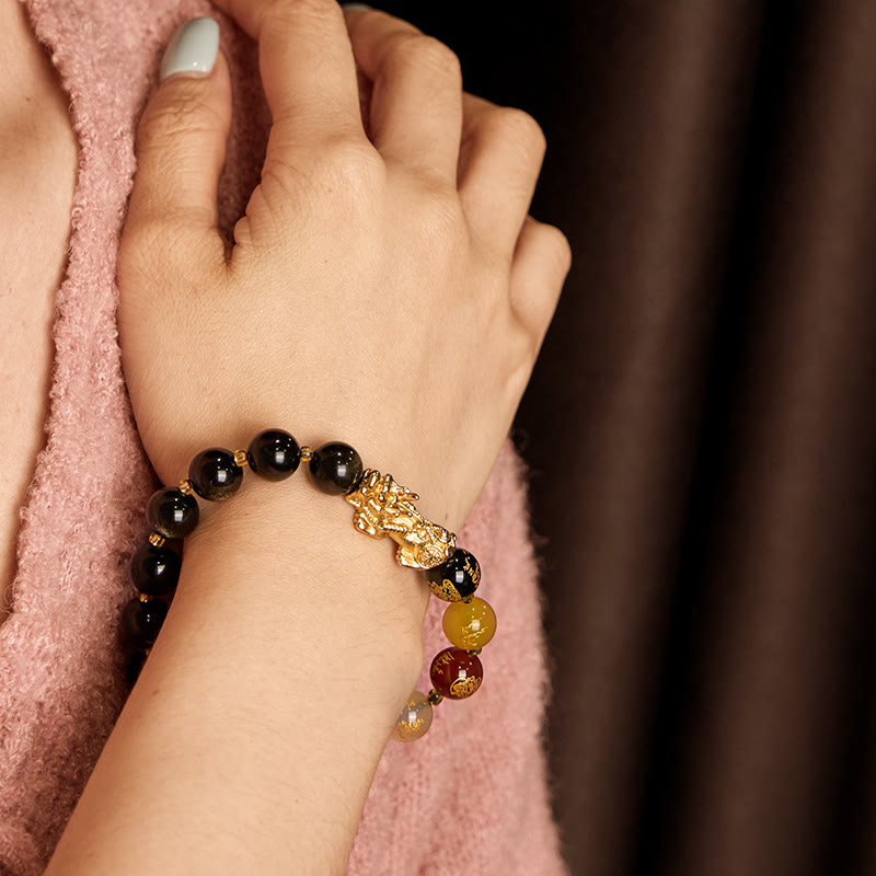 Wear FengShui Natural Gold Sheen Obsidian PiXiu Five Directions Gods of Wealth Protection Bracelet