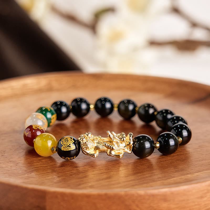 Wear FengShui Natural Gold Sheen Obsidian PiXiu Five Directions Gods of Wealth Protection Bracelet
