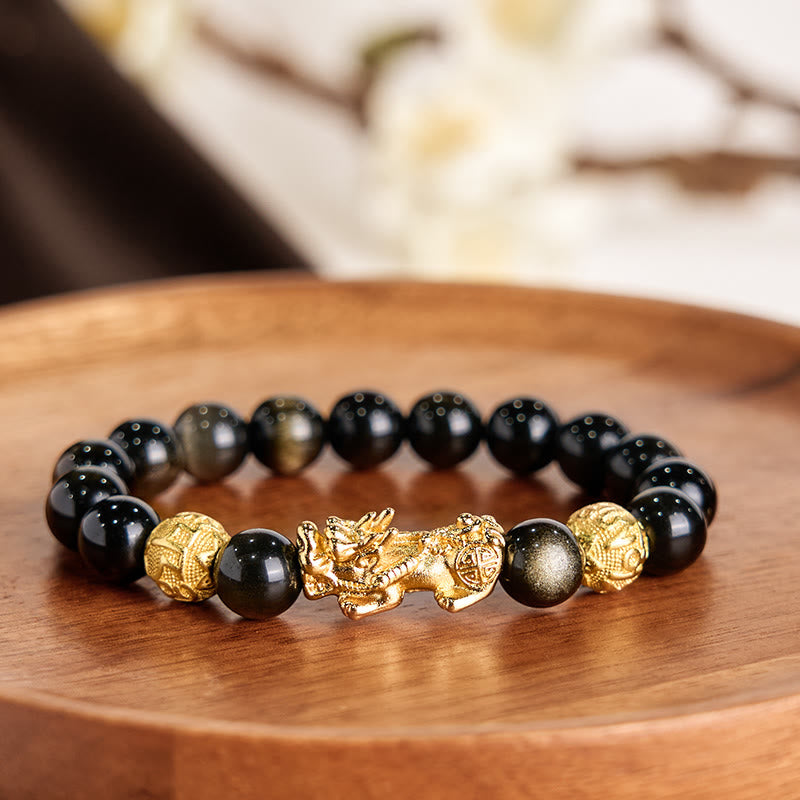 Wear FengShui Natural Gold Sheen Obsidian PiXiu Om Mani Padme Hum Wealth Bracelet