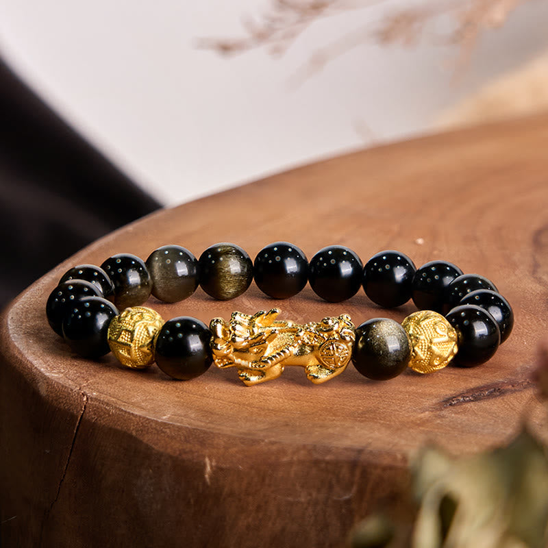 Wear FengShui Natural Gold Sheen Obsidian PiXiu Om Mani Padme Hum Wealth Bracelet
