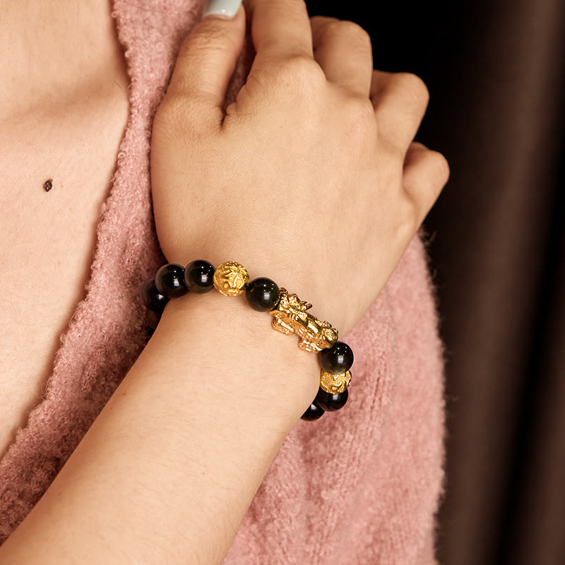Wear FengShui Natural Gold Sheen Obsidian PiXiu Om Mani Padme Hum Wealth Bracelet