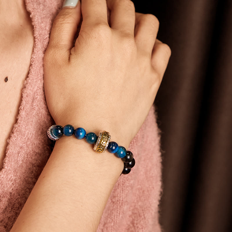 Wear FengShui Silver Sheen Obsidian Blue Tiger Eye Om Mani Padme Hum Protection Bracelet