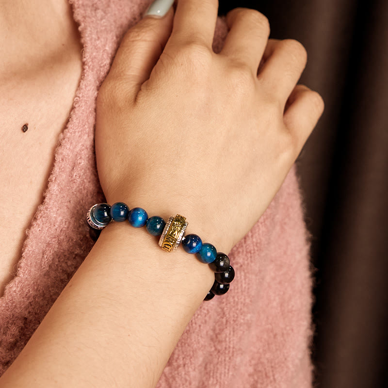 Wear FengShui Silver Sheen Obsidian Blue Tiger Eye Om Mani Padme Hum Protection Bracelet