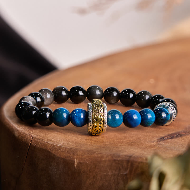 Wear FengShui Silver Sheen Obsidian Blue Tiger Eye Om Mani Padme Hum Protection Bracelet
