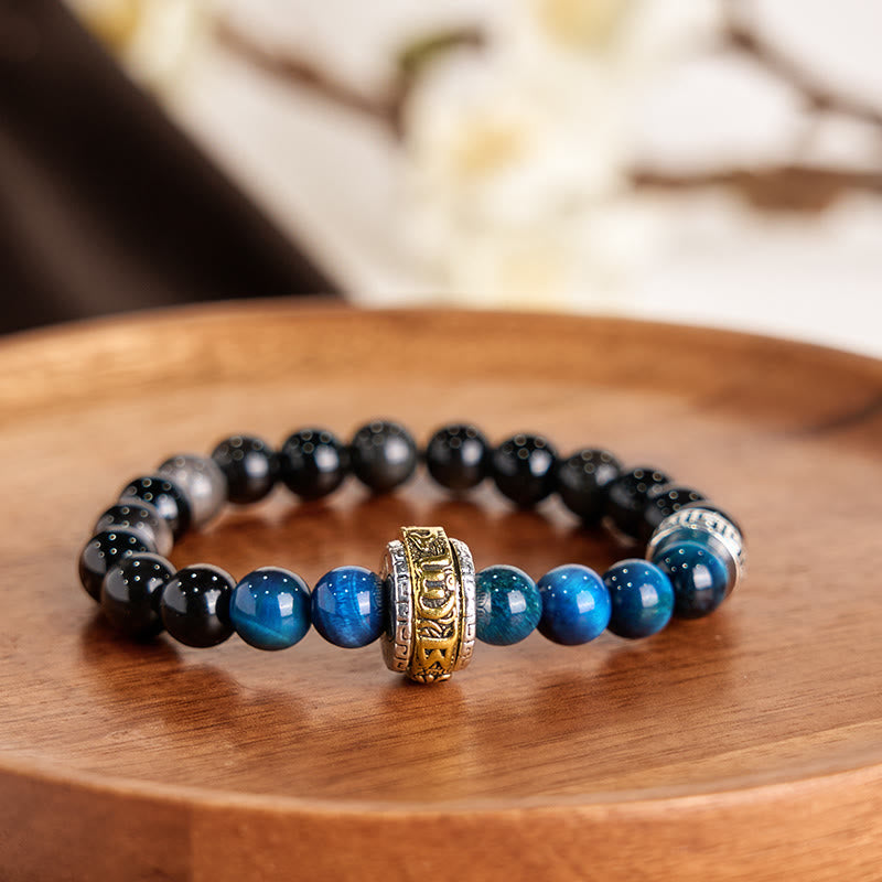 Wear FengShui Silver Sheen Obsidian Blue Tiger Eye Om Mani Padme Hum Protection Bracelet