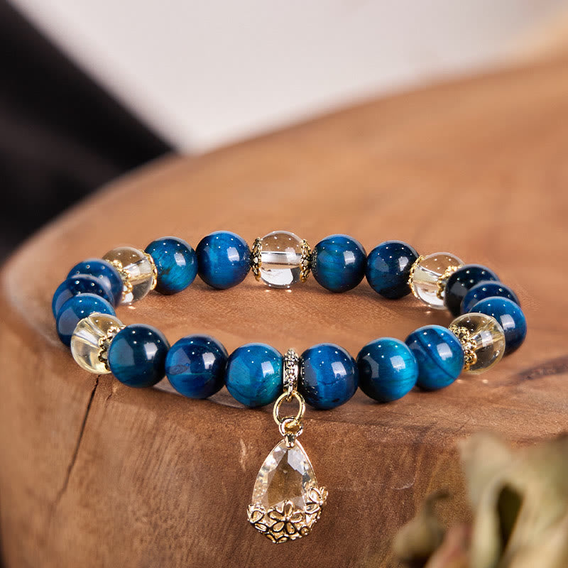 Wear FengShui Blue Tiger Eye White Crystal Water Drop Strength Bracelet