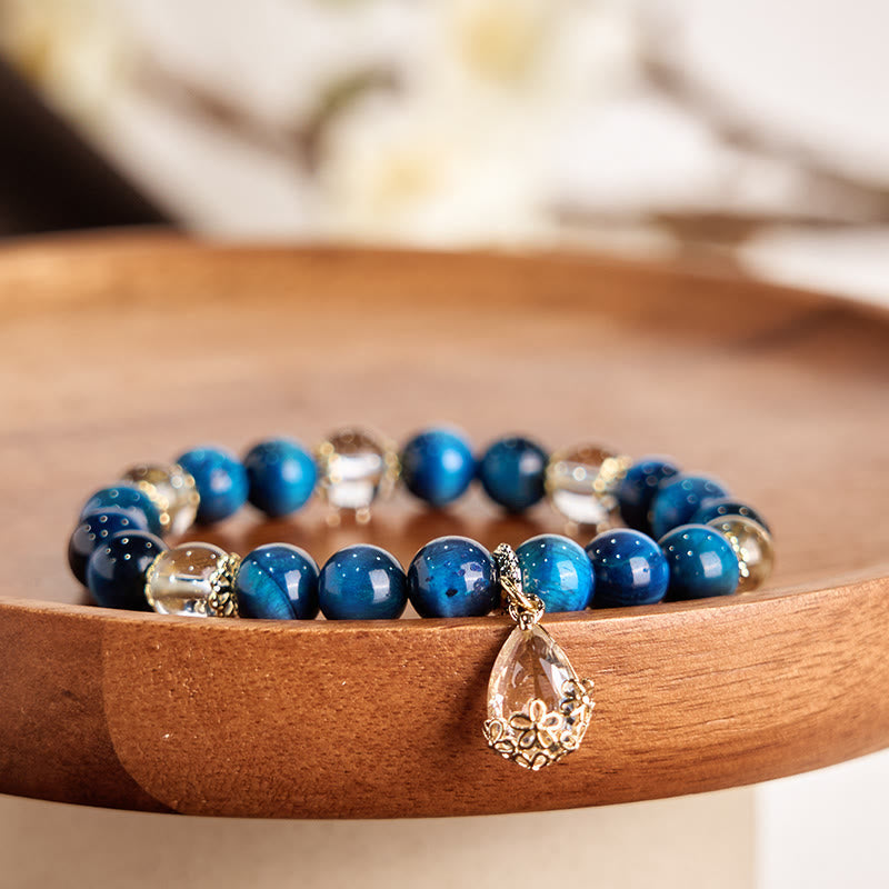 Wear FengShui Blue Tiger Eye White Crystal Water Drop Strength Bracelet