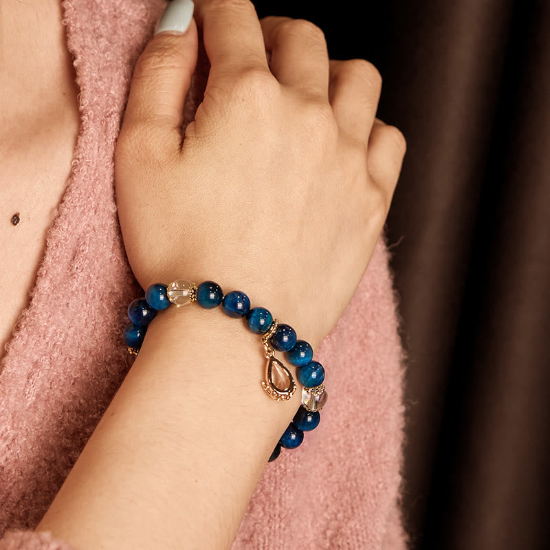 Wear FengShui Blue Tiger Eye White Crystal Water Drop Strength Bracelet