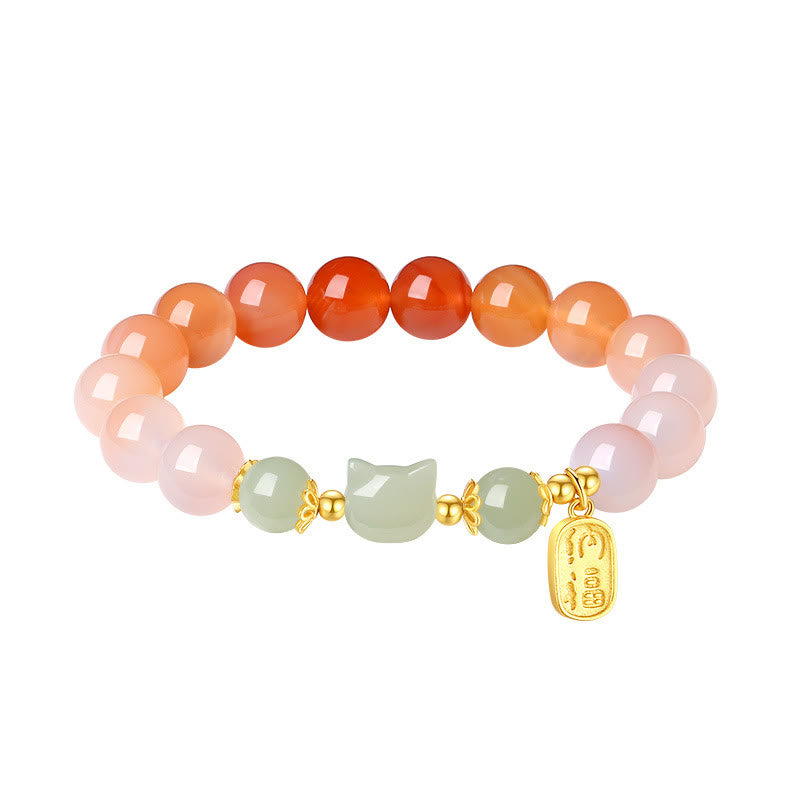 Wear FengShui 925 Sterling Silver Red Agate Hetian Jade Cat Fu Character Confidence Bracelet
