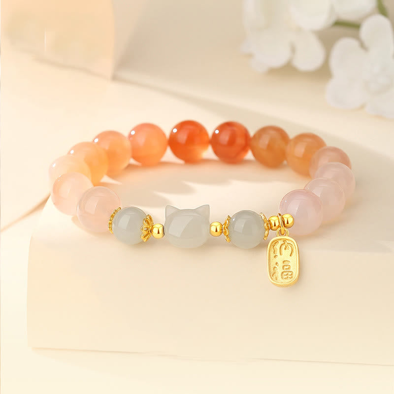 Wear FengShui 925 Sterling Silver Red Agate Hetian Jade Cat Fu Character Confidence Bracelet