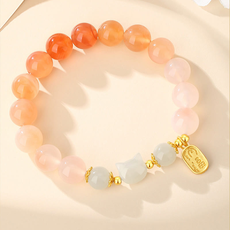Wear FengShui 925 Sterling Silver Red Agate Hetian Jade Cat Fu Character Confidence Bracelet