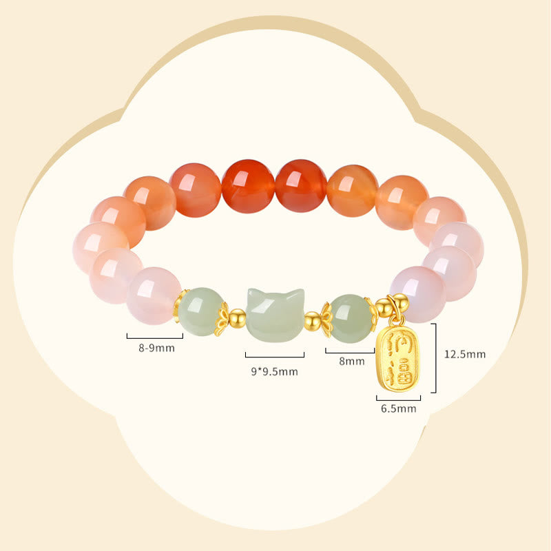 Wear FengShui 925 Sterling Silver Red Agate Hetian Jade Cat Fu Character Confidence Bracelet