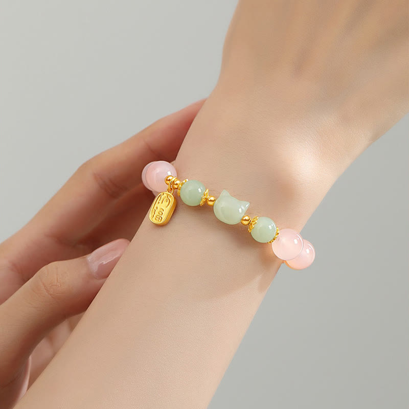 Wear FengShui 925 Sterling Silver Red Agate Hetian Jade Cat Fu Character Confidence Bracelet