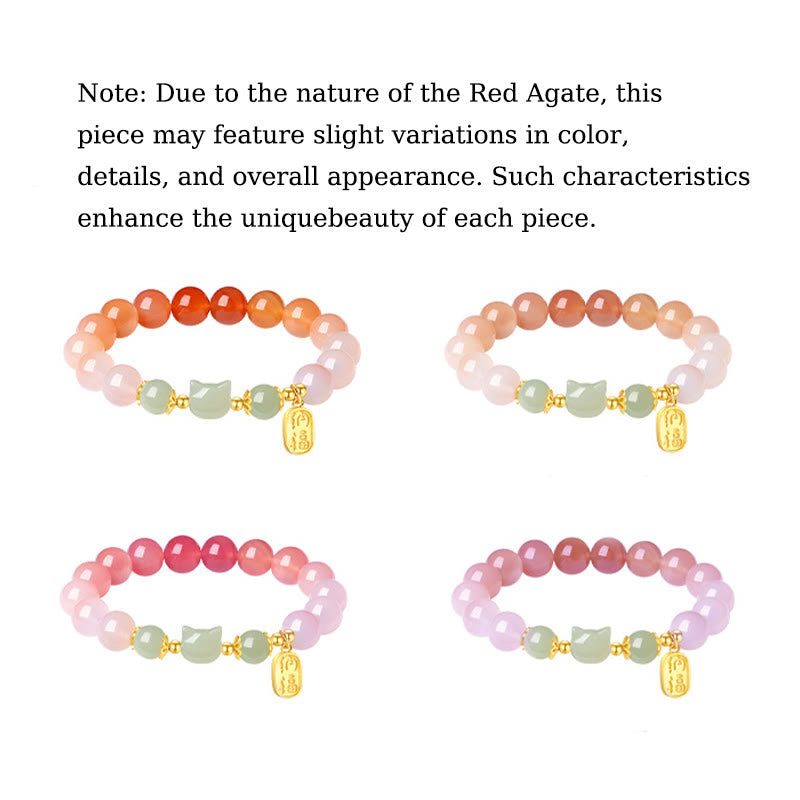 Wear FengShui 925 Sterling Silver Red Agate Hetian Jade Cat Fu Character Confidence Bracelet