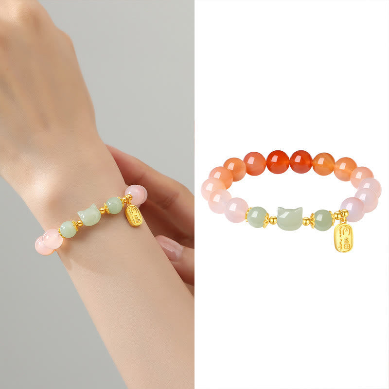 Wear FengShui 925 Sterling Silver Red Agate Hetian Jade Cat Fu Character Confidence Bracelet
