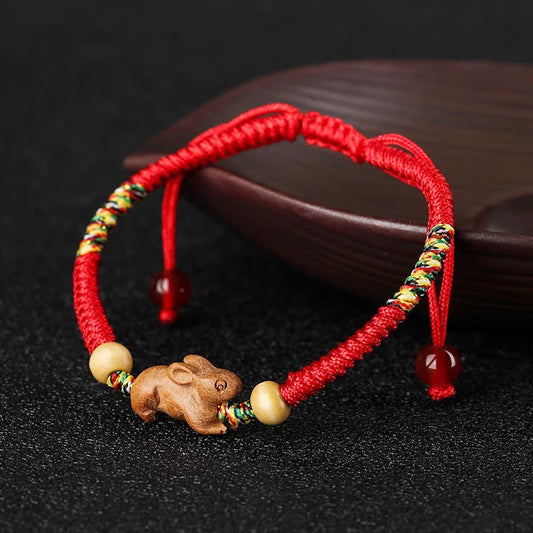 Wear FengShui Handmade Chinese Zodiac Red String Peach Wood Luck Bracelet