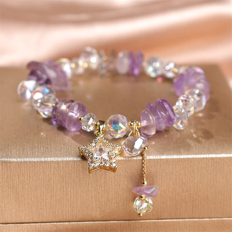 Wear FengShui Natural Amethyst Crystal Star Charm Positive Transformation Bracelet