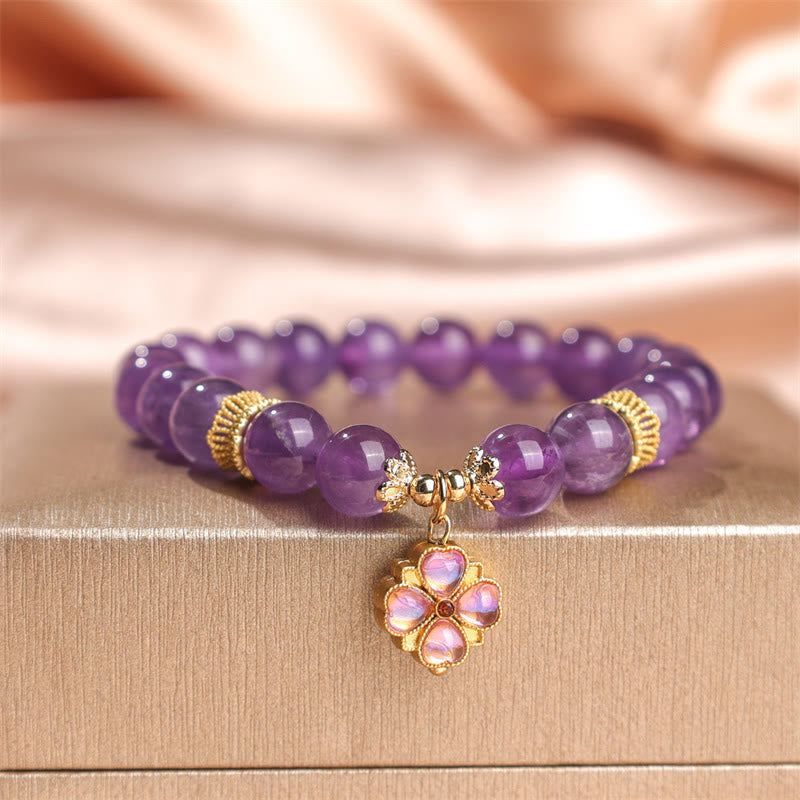 Wear FengShui Natural Amethyst Four Leaf Clover Charm Communication Bracelet