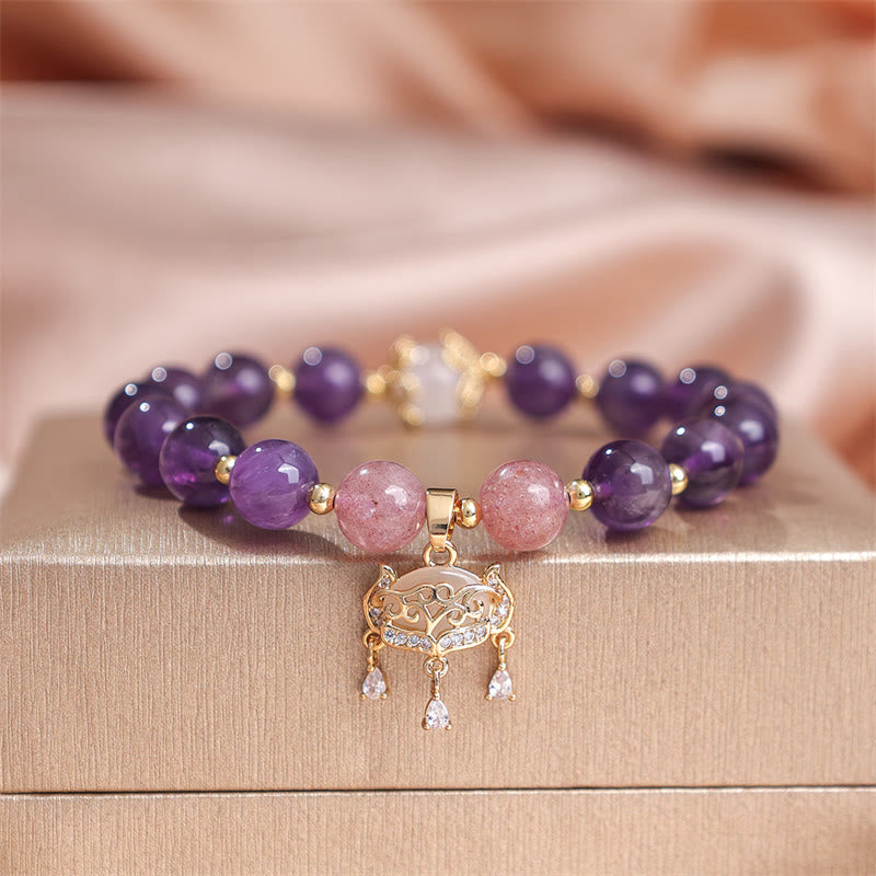 Wear FengShui Natural Amethyst Strawberry Quartz Peace Lock Charm Positive Bracelet