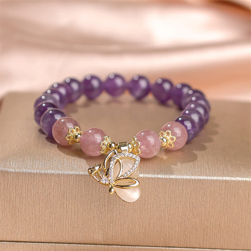 Wear FengShui Natural Amethyst Strawberry Quartz Crystal Healing Butterfly Charm Bracelet