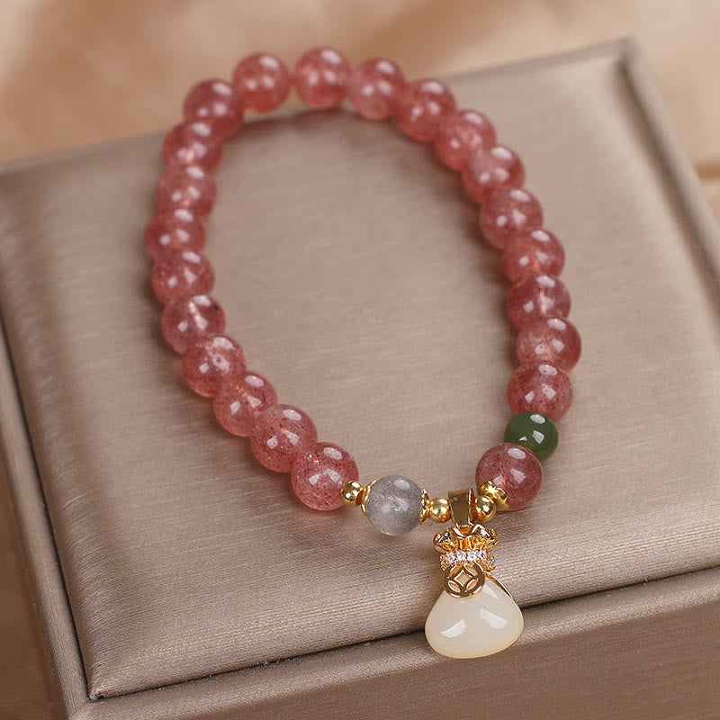 Wear FengShui Natural Strawberry Quartz Money Bag Charm Positive Bracelet