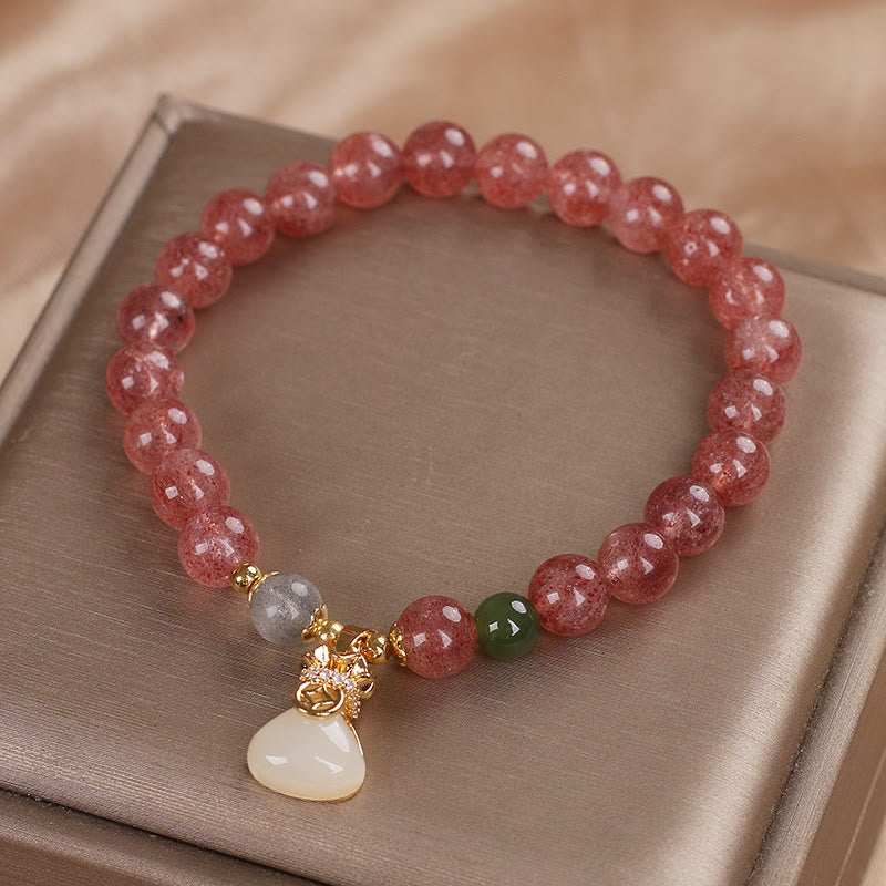 Wear FengShui Natural Strawberry Quartz Money Bag Charm Positive Bracelet
