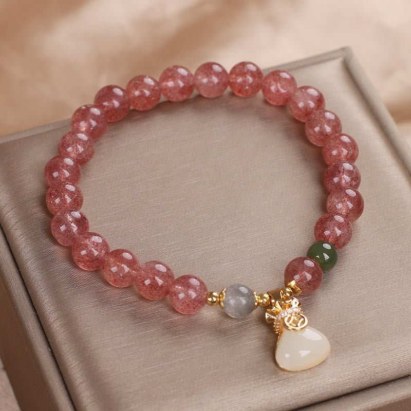 Wear FengShui Natural Strawberry Quartz Money Bag Charm Positive Bracelet