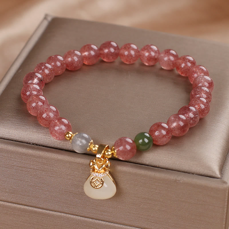Wear FengShui Natural Strawberry Quartz Money Bag Charm Positive Bracelet