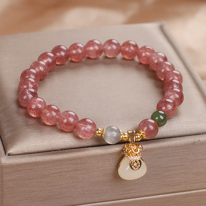Wear FengShui Natural Strawberry Quartz Money Bag Charm Positive Bracelet