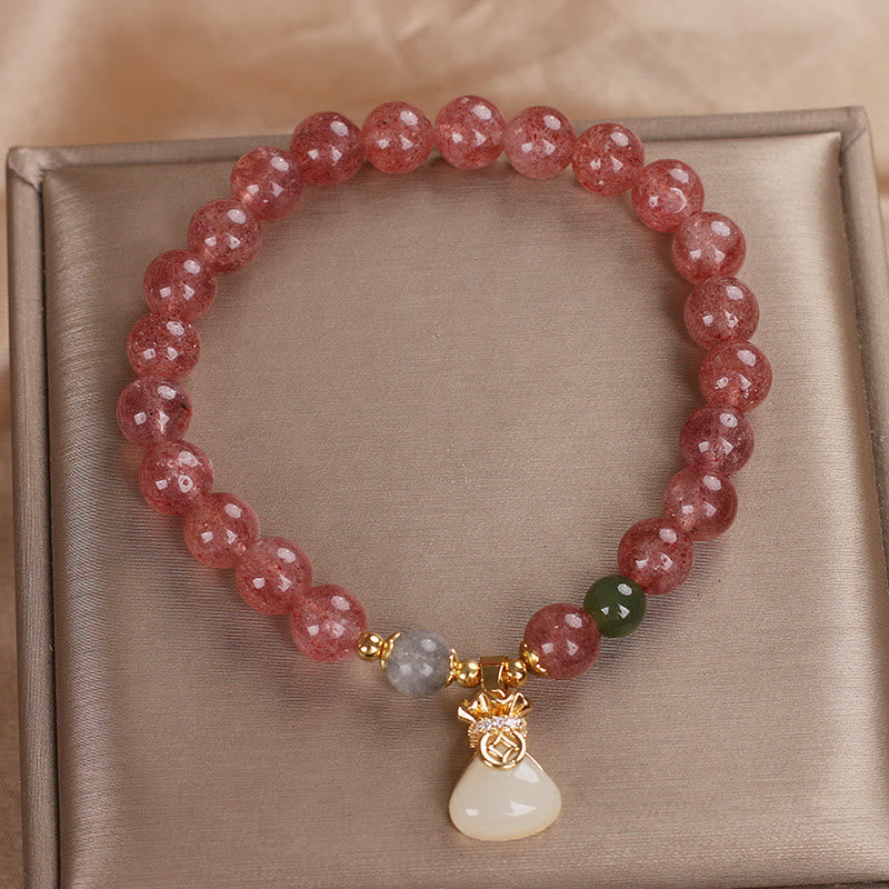 Wear FengShui Natural Strawberry Quartz Money Bag Charm Positive Bracelet