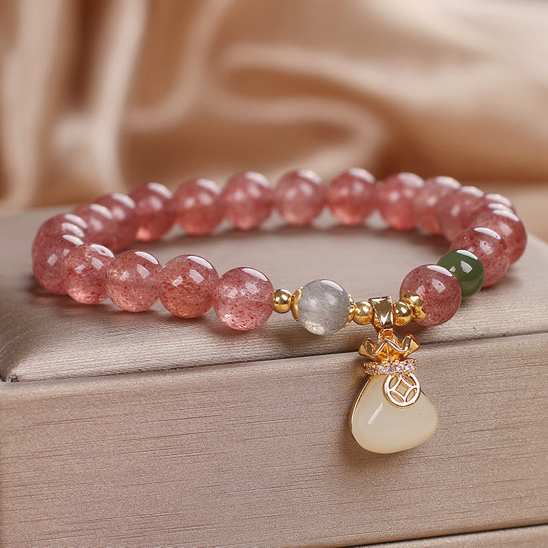 Wear FengShui Natural Strawberry Quartz Money Bag Charm Positive Bracelet