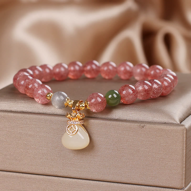 Wear FengShui Natural Strawberry Quartz Money Bag Charm Positive Bracelet
