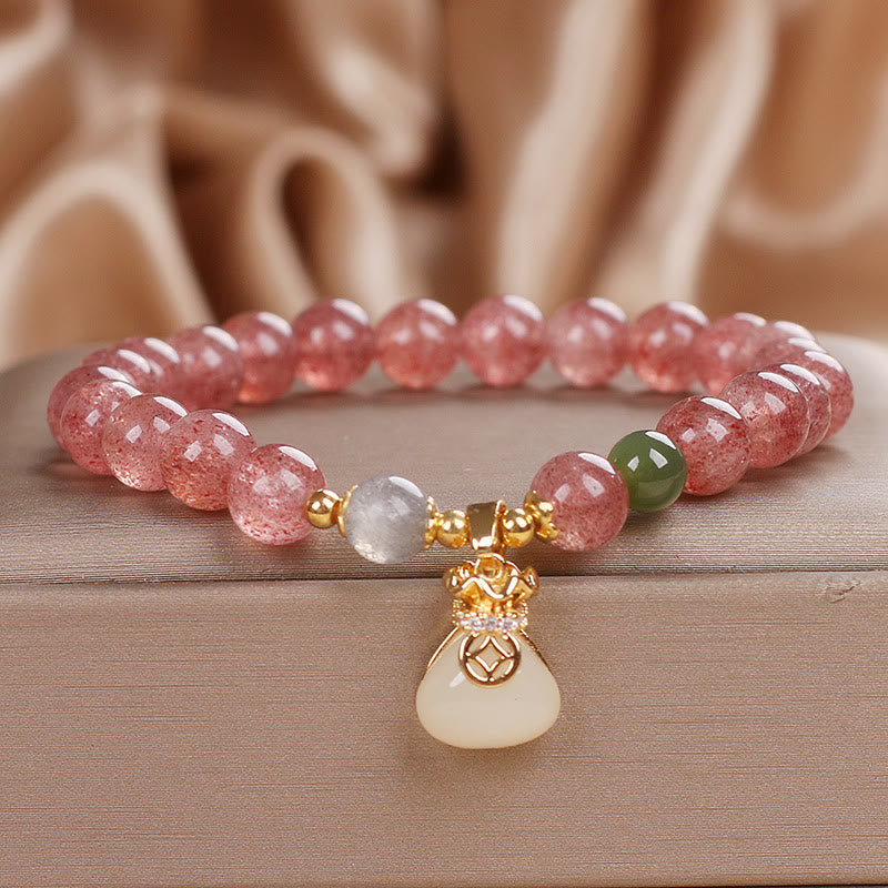 Wear FengShui Natural Strawberry Quartz Money Bag Charm Positive Bracelet