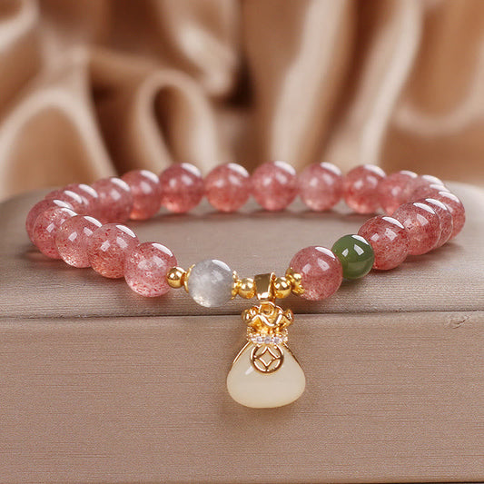 Wear FengShui Natural Strawberry Quartz Money Bag Charm Positive Bracelet