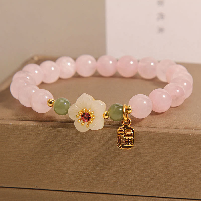 Wear FengShui Rose Quartz Peach Blossom Hetian Jade Fu Character Relationships Healing Bracelet