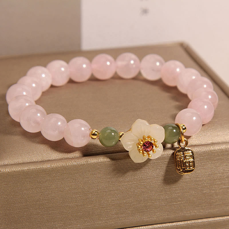 Wear FengShui Rose Quartz Peach Blossom Hetian Jade Fu Character Relationships Healing Bracelet