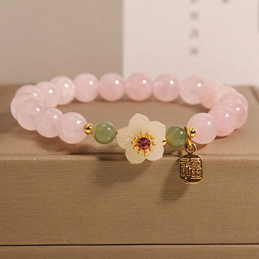 Wear FengShui Rose Quartz Peach Blossom Hetian Jade Fu Character Relationships Healing Bracelet