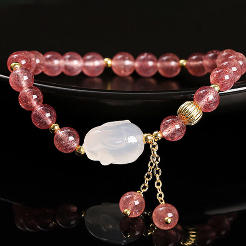 Wear FengShui Natural Strawberry Quartz Agate Rabbit Healing Bracelet