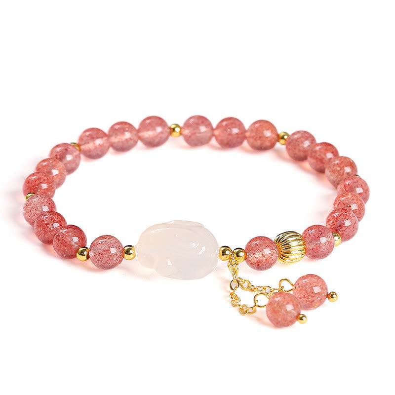 Wear FengShui Natural Strawberry Quartz Agate Rabbit Healing Bracelet