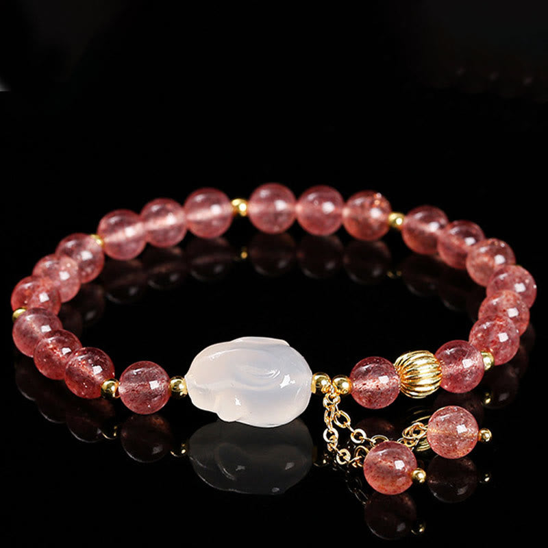 Wear FengShui Natural Strawberry Quartz Agate Rabbit Healing Bracelet