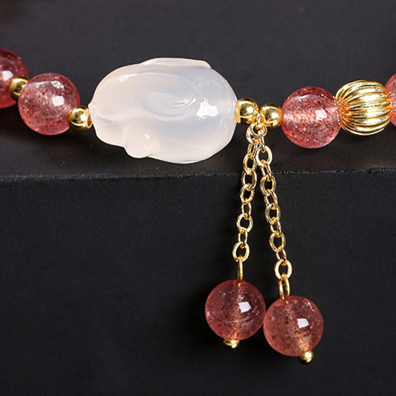 Wear FengShui Natural Strawberry Quartz Agate Rabbit Healing Bracelet