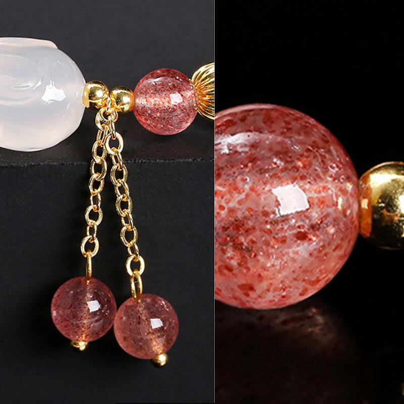 Wear FengShui Natural Strawberry Quartz Agate Rabbit Healing Bracelet