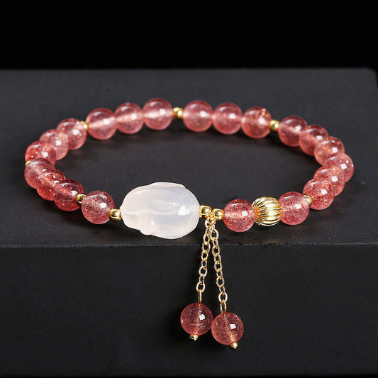 Wear FengShui Natural Strawberry Quartz Agate Rabbit Healing Bracelet