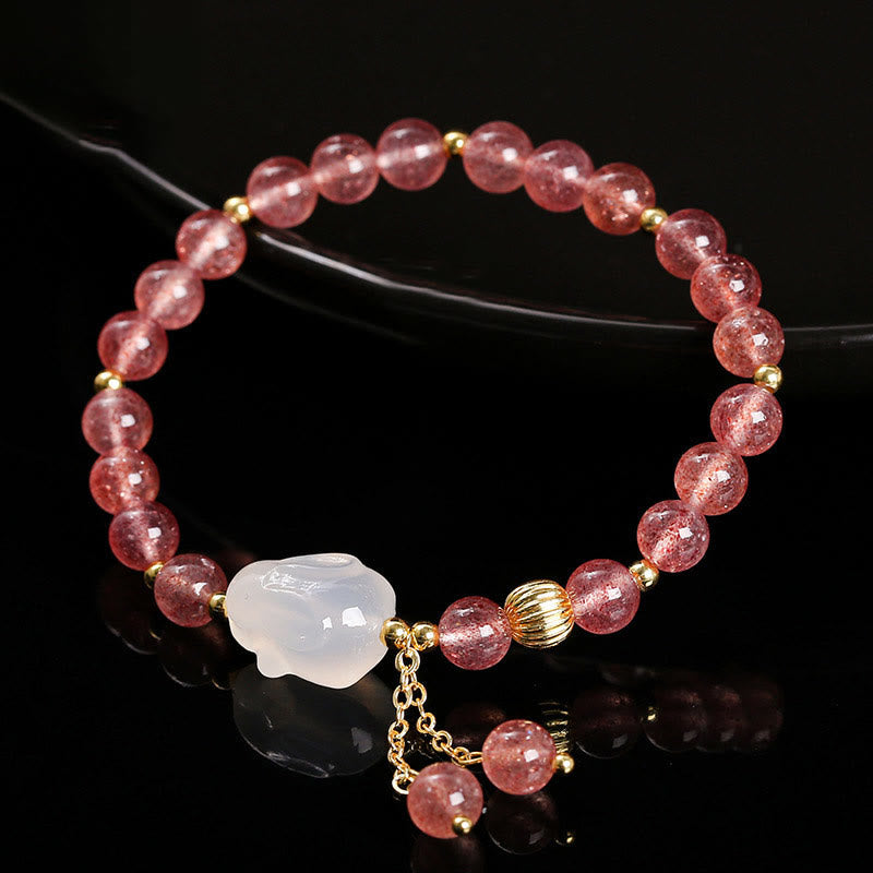 Wear FengShui Natural Strawberry Quartz Agate Rabbit Healing Bracelet