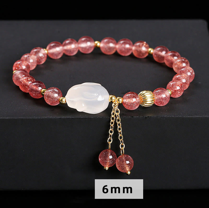 Wear FengShui Natural Strawberry Quartz Agate Rabbit Healing Bracelet