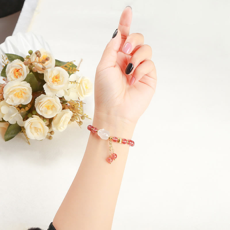 Wear FengShui Natural Strawberry Quartz Agate Rabbit Healing Bracelet